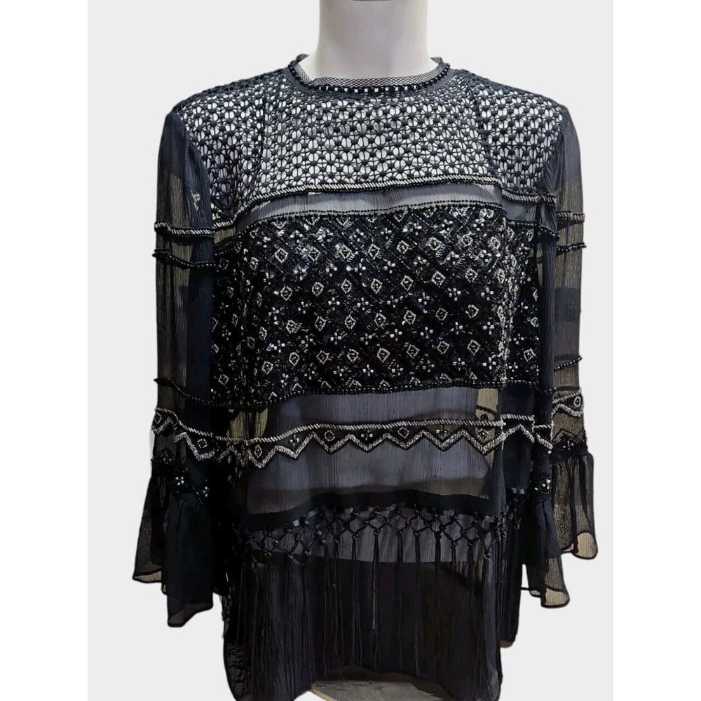 Elie Tahari Boho Black Top Womens Medium Lg Sheer Silk Beaded Fringe Aislin Lace